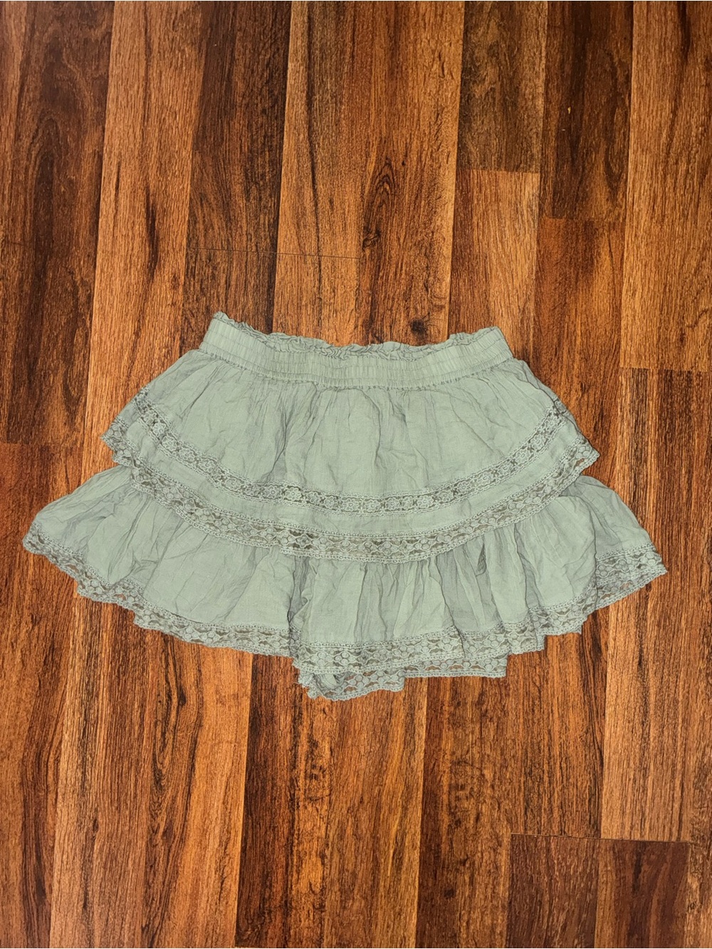 American Eagle Outfitters Light Sage Ruffled Lace Mini Skirt